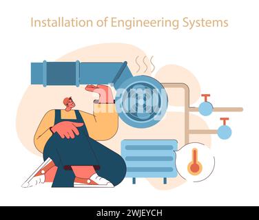 Installation von Engineering Systems Konzept. Ein professioneller Techniker stellt die HLK-Ausrüstung ein, um eine optimale Raumklimaregelung zu gewährleisten. Illustration des flachen Vektors Stock Vektor