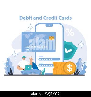 Debit- und Kreditkarten-Konzept. Optimierte Finanztransaktionen und sicheres Kartenmanagement im digitalen Zeitalter. Den Verbrauchern die Wahlmöglichkeiten bieten. Illustration des flachen Vektors. Stock Vektor