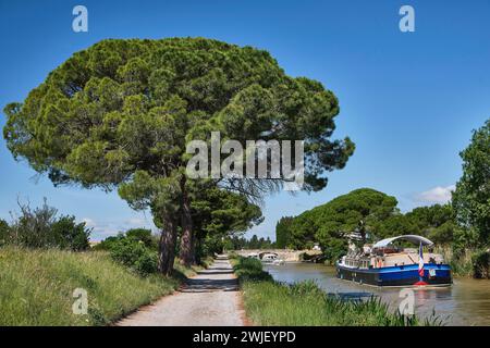 Fahren Sie an Bord der Hotelkahn „L’Esperance“ auf dem Canal du Midi. Touristen genießen die Sonne auf dem Deck des Hotelkahns, in der Nähe der Schleuse von Homps ( Stockfoto