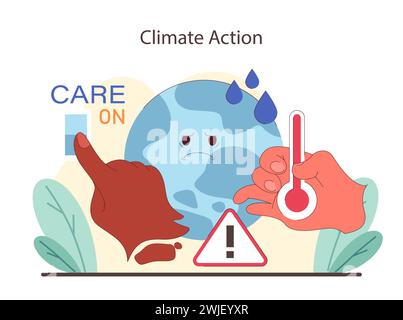 Dringende Klimaschutzmaßnahmen. Mit den Händen wird der globale Thermostat eingestellt, um die Notwendigkeit der Umweltpflege hervorzuheben. Ein Aufruf, das Fieber des Planeten zu mildern. Illustration des flachen Vektors. Stock Vektor