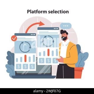 Ein anspruchsvoller Geschäftsmann analysiert Kennzahlen auf mehreren Bildschirmen und trifft eine strategische Plattformauswahl für optimierte native Werbekampagnen. Stock Vektor