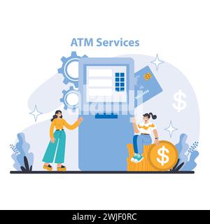 ATM-Servicekonzept. Bequemer Bankservice mit rund um die Uhr verfügbarem Zugang zu Geldautomaten. Praktische Schnittstelle für schnelle Zahlungstransaktionen. Finanzielle Unabhängigkeit in Aktion. Illustration des flachen Vektors. Stock Vektor