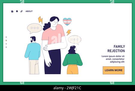 Negativseite des Geschlechterübergangs im Web oder bei Landung. Eine verärgerte Person, die einer harten Vernachlässigung durch die Familie ausgesetzt ist. Transsexuelle mit Transphobie und Isolation. Illustration des flachen Vektors. Stock Vektor