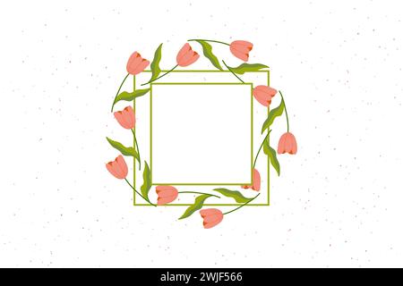 Quadratischer Rahmen aus Tulpenblüten mit Platz für Ihren Text. Gepunkteter Hintergrund. Mockup für Postkarte, Glückwunsch, Muttertag, Frühling, 8. märz Stock Vektor