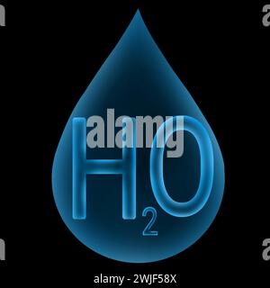 h2o-Atom mit blau leuchtendem Wassertropfen, futuristischem Design Stockfoto