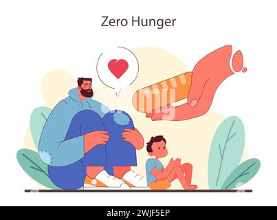 Eine Welt ohne Hunger zu pflegen. Ein Vater und Kind, dargestellt mit Symbolen der Liebe und des Lebensunterhalts. Die Hoffnung, den Hunger bis 2030 zu beseitigen. Ein geeinter Kampf gegen die Armut. Illustration des flachen Vektors. Stock Vektor