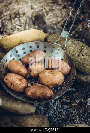 Kochen in der Wildnis Lagerfeuer gebackene Bratkartoffeln Rezept Camping Outdoor Kochideen Stockfoto