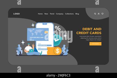 Debit- und Kreditkarten im Nacht- oder Dunkelmodus oder auf der Landing-Page. Optimierte Finanztransaktionen und sicheres Kartenmanagement im digitalen Zeitalter. Den Verbrauchern die Wahlmöglichkeiten bieten. Vektorabbildung. Stock Vektor