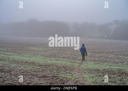 Person, die einen Fußweg über Frost- und Nebelfelder rund um Stock, Essex, führt Stockfoto