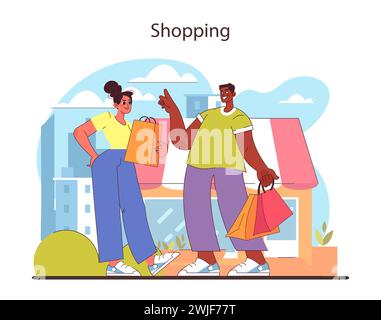 Einkaufskonzept. Freunde, die einen Tag in der Stadt verbringen, mit Taschen voller Einkäufe. Eine fröhliche, urbane Einzelhandelstherapie. Mode- und Lifestyle-Genuss. Illustration des flachen Vektors. Stock Vektor