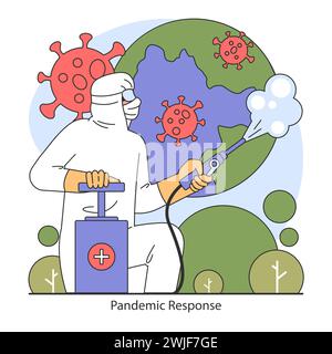 Pandemiereaktionskonzept. Engagierte Gesundheitsfachkräfte, die den Globus desinfizieren, symbolisieren globale Bemühungen zur Bekämpfung von Infektionskrankheiten. Vigilanz und Schutz im Gesundheitswesen. Illustration des flachen Vektors. Stock Vektor