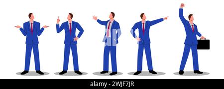 Einfache flache Vektor-Illustration des Geschäftsmannes in verschiedenen Posen, Icon Set Stock Vektor