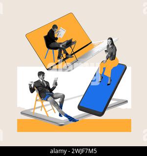 Gruppe von Angestellten, junge Leute singen verschiedene Gadgets für die Arbeit. Online-Konferenzen, Besprechungen mit dem Team per Telefon, Tablet oder Laptop Stockfoto