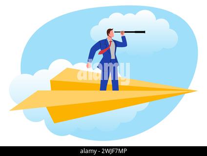 Geschäftskonzept Clip Art des Geschäftsmannes mit Teleskop auf Papierflugzeug, Chance, Vision im Geschäft Stock Vektor