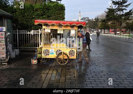 Istanbul, Türkei – 11. Dezember 2023: türkischer Straßenverkäufer verkauft traditionellen türkischen gerösteten Mais und Kastanien auf dem Sultanahmet-Platz Stockfoto