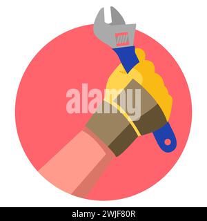 Clip-Art einer Handwerkerhand mit Handschuh, der einen Schraubenschlüssel hält, Vektor-Illustration Stock Vektor