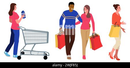 Clipart von Leuten, die verschiedene Einkaufsaktivitäten machen, Vektorillustration Stock Vektor