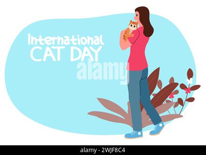 Feiern Sie den internationalen Katzentag mit dieser bezaubernden Vektor-Illustration, die herzerwärmende Szene einer jungen Frau, die eine niedliche Katze in ihren Armen umschließt, perfekt Stock Vektor