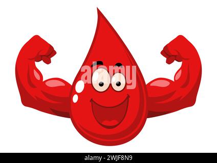 Lustige Zeichentrickfigur des Bluttropfens mit muskulösen Händen, Vektorillustration Stock Vektor