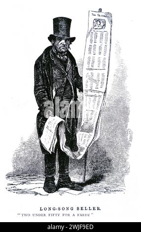 Gravur eines „Long Song Seller“ von London aus Henry Mayhews Buch „Labour and the London Poor“, Band 1, veröffentlicht 1861. Black and White Illustration from the Connoisseur, an Illustrated Magazine for Collectors Vol 3 (Mai-August 1902), veröffentlicht in London. Mayhew beschrieb die Verkäufer so: " Die Long-Song-Verkäufer waren nicht auf Pattern angewiesen -- obwohl einige von ihnen ein wenig pummelten -- um Kunden anzulocken, aber auf der wahren Billigkeit und der neuartigen Form, in der sie populäre Lieder verkauften, gedruckt auf Papier eher breiter als diese Seite, „drei Lieder abreast“, und die Zeitung war über ein Ya Stockfoto