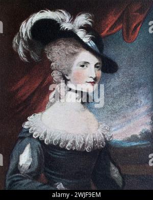 Perdita (Mrs. Mary Robinson) nach einer Miniatur von Charles Bestland (1780–1837) (nach Josua Reynolds). Mary Robinson (1758–1800) war eine der bekanntesten Schauspielerinnen und Schriftstellerinnen des 18. Jahrhunderts. Sie war die erste Geliebte des Prinzen von Wales, später George IV Sie wurde bekannt als Perdita, nachdem sie die Rolle in Shakespeares „The Winter's Tale“ spielte und die Aufmerksamkeit des Prinzen erregte. Colour Illustration from the Connoisseur, an Illustrated Magazine for Collectors Vol 3 (Mai-Aug 1902), veröffentlicht in London. Stockfoto