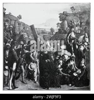 Die Prozession nach Calvary nach Boccaccio Boccaccino (um 1501). Jesus trägt das Kreuz, während rechts die Jungfrau Maria in Begleitung von anderen Frauen im Himmel zu sehen ist. Johannes, der Evangelist, schaut zu. Black and White Illustration from the Connoisseur, an Illustrated Magazine for Collectors Vol 3 (Mai-August 1902), veröffentlicht in London. Stockfoto