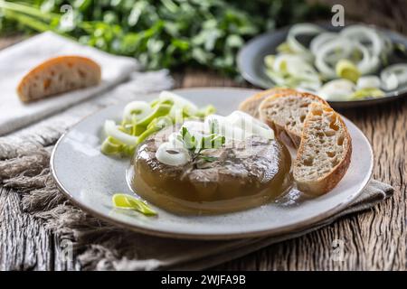 Hausgemachte Schweinefleisch-Aspik, Fleischgelee mit Zwiebeln und Lauch auf einem weißen Teller. Stockfoto