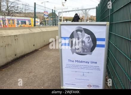 London, UK, 15. Februar 2024. Bürgermeister Sadiq Khan kündigte die neuen Namen der sechs Londoner Overground-Linien an, um den Routen eindeutige Identitäten zu geben und den Passagieren die Navigation zu erleichtern. Hier wird die Caledonian Road & Barnsbury Linie Mildmay Line genannt, von Stratford nach Richmond/Clapham Junction nach dem kleinen karitativen Krankenhaus in Shoreditch, das während der AIDS/HIV-Krise der 1980er Jahre half Kredit: Monica Wells/Alamy Stockfoto