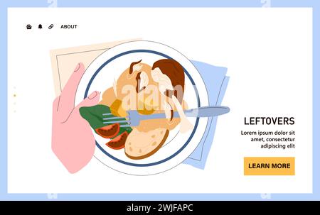 Übrig gebliebene Web- oder Landungsreste. Nachhaltiges Kochen, Wiederverwendung von Nextovers zur Reduzierung von Lebensmittelverschwendung. Nextovers auf einem Teller, was die Reduzierung von Lebensmittelverschwendung und effiziente Hausmannskost fördert. Illustration des flachen Vektors. Stock Vektor