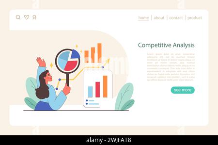 Wettbewerbsanalysekonzept. Ein Profi taucht mit Diagrammen und Diagrammen in die Marktforschung ein, um strategische Einblicke zu gewinnen. Illustration des flachen Vektors. Stock Vektor