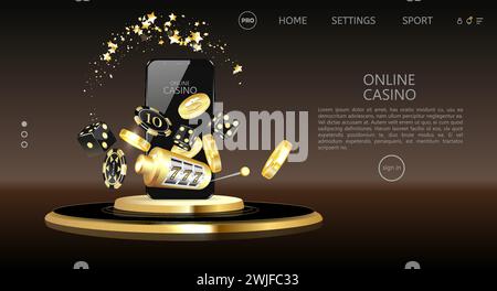 Online-Casino, Willkommensbonus, schwarzes Banner mit Angebot, Podium mit Smartphone, Casino-Spielautomat, Casino Roulette, Karten und Poker-Chips im Dunkeln Stock Vektor