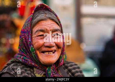 Ein Porträt einer Ladakhi-Frau, die ein Kopftuch trägt und von der Kamera wegblickt. Stockfoto
