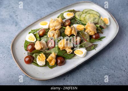 Warmer Salat mit Raps (Schnecken), Tomaten, Gurken, Blattgemüse, Wachteleiern und Olivenöl. Traditioneller Salat mit Meeresfrüchten. Nahaufnahme, selektiver Fokus. Stockfoto