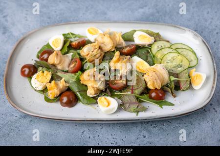 Warmer Salat mit Raps (Schnecken), Tomaten, Gurken, Blattgemüse, Wachteleiern und Olivenöl. Traditioneller Salat mit Meeresfrüchten. Nahaufnahme, selektiver Fokus. Stockfoto