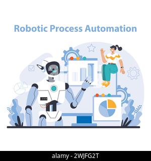 Robotic Process Automation Konzept. Zeigt KI-gesteuerte Effizienz in Geschäftsabläufen. Vereinfacht komplexe Workflows mit Robotik. Illustration des flachen Vektors. Stock Vektor
