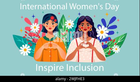 Mädchen mit gefalteten Händen in Form eines Herzens auf einem Hintergrund aus Blumen. Konzeptionelles Poster zum Internationalen Frauentag. IWD 2024 Kampagne mit Stock Vektor