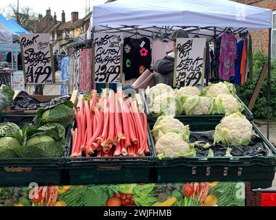 Wendover, Großbritannien. Februar 2024. Kohl, Rhabarber und Blumenkohl zum Verkauf an einem Obst- und Gemüsestand am Market Day in Wendover, Buckinghamshire. Quelle: Maureen McLean/Alamy Live News Stockfoto