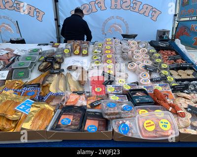 Wendover, Großbritannien. Februar 2024. Frischer Fisch zum Verkauf an einem Marktstand am Market Day in Wendover, Buckinghamshire. Quelle: Maureen McLean/Alamy Live News Stockfoto