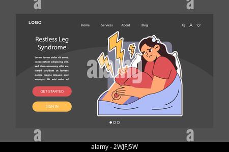 Restless Legs Syndrom oder RLS Dark oder Night Mode Web, Landung. Nächtliches Problem. Schlaflosigkeit-Frau mit beunruhigenden zuckenden Füßen. Angstzustände und Neurosen, Schlafstörungen. Illustration des flachen Vektors. Stock Vektor