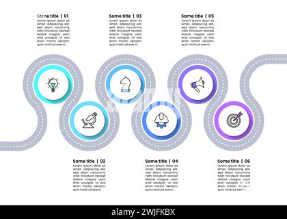 Infografik-Vorlage mit Symbolen und 6 Optionen oder Schritten. Zickzackstraße. Kann für Workflow-Layout, Diagramm, Banner und Webdesign verwendet werden. Vektorabbildung Stock Vektor