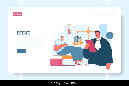 Web oder Landung auf dem Gelände. Ein Mann arbeitet mit einem Richter in Nachlassangelegenheiten zusammen, mit einer Erbschaftsskala, die ein Haus und Ersparnisse ausgleicht und eine gerechte Verteilung symbolisiert. Stock Vektor