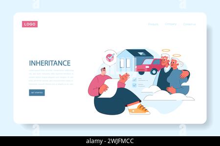 Vererbung Web oder Landung. Ein Mann überprüft Nachlassdokumente mit einer visuellen Metapher eines ruhigen älteren Ehepaares und ihrer Vermögenswerte in den Wolken, die die Legacy-Planung symbolisieren. Stock Vektor
