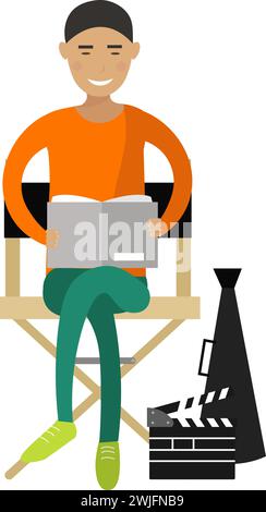 Filmregisseur liest lustiges Skript-Vektor-Symbol isoliert auf weißem Hintergrund Stock Vektor