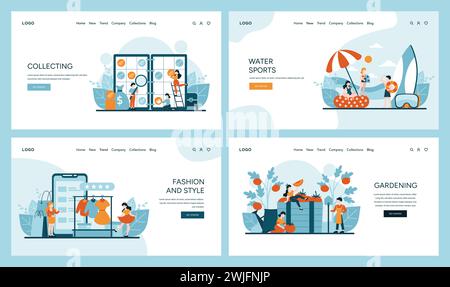 Webbanner für Hobbys und Unterhaltung. Numismatiker analysieren Münzen, Strandgäste genießen Wassersport, Modeliebhaber kaufen online ein, Gärtner pflegen Pflanzen. Verschiedene Aktivitäten werden vorgestellt. Flacher Vektor Stock Vektor