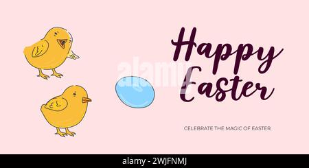 Horizontales Banner mit süßen Hühnern und farbigem Ei zum Feiertag zum Happy Easter Day. Traditionelle Grußkarte für religiöse Frühlingsfeier. Vektor EPS zeichnet festliches Poster Stock Vektor