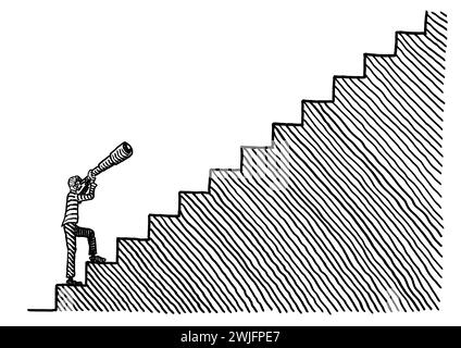Freihändige Zeichnung eines Geschäftsmannes, der unten auf einer Treppe steht und durch ein Teleskop hinaufblickt. Metapher für Vision, Scharfsinn, Zielsetzung, Stockfoto