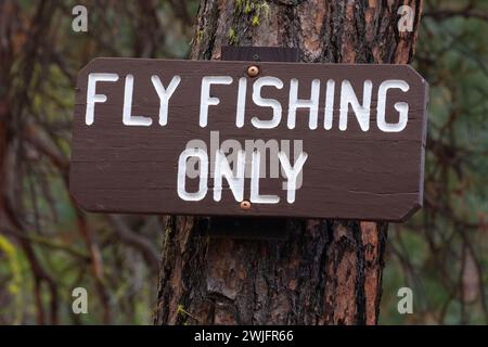 Flyfishing-Schild, Metolius Wild and Scenic River, Deschutes National Forest, Oregon Stockfoto