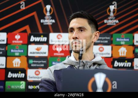 Braga, Portugal. Februar 2024. Braga 02/14/2024 - der Trainer und ein Spieler des Sporting Clube de Braga haben das Spiel gegen Qarabag für die Europa League vorgeführt, das morgen im Braga Municipal Stadium ausgetragen wird. Paulo Oliveira (Global Imagens) Credit: Atlantico Press/Alamy Live News Stockfoto