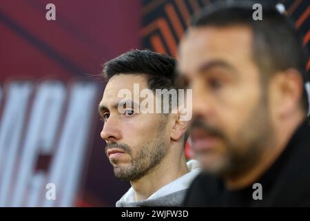 Braga, Portugal. Februar 2024. Braga 02/14/2024 - der Trainer und ein Spieler des Sporting Clube de Braga haben das Spiel gegen Qarabag für die Europa League vorgeführt, das morgen im Braga Municipal Stadium ausgetragen wird. Paulo Oliveira (Global Imagens) Credit: Atlantico Press/Alamy Live News Stockfoto