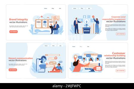 Webbanner Für Markenauthentizität. Ansprechende Webbanner-Designs mit Schwerpunkt auf Markenintegrität, CSR, ehrlicher Kommunikation und Aufbau von Kundenbeziehungen. Illustration des flachen Vektors. Stock Vektor